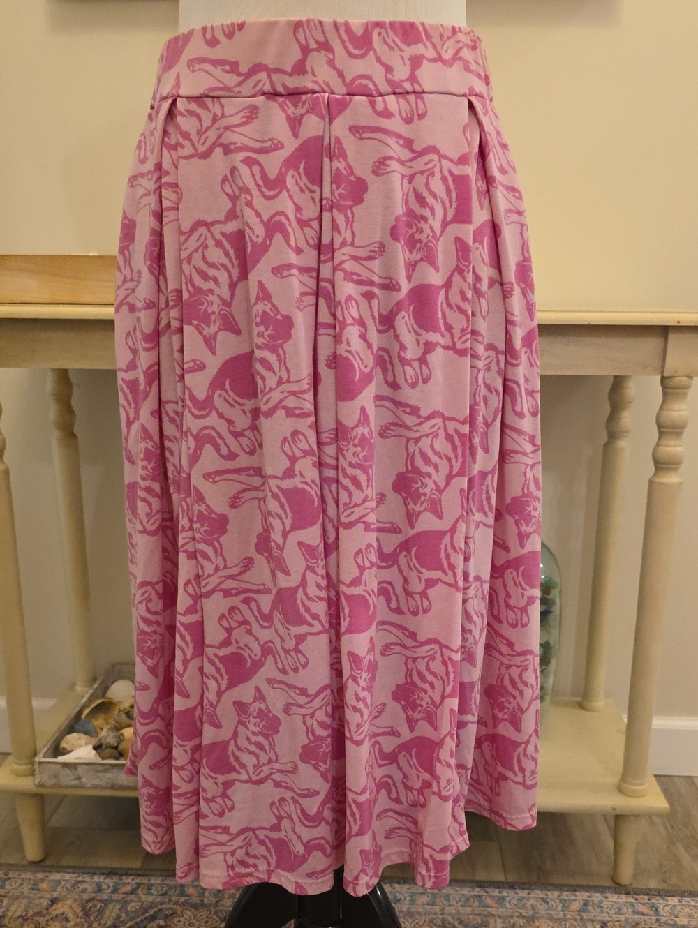 LuLaRoe Pink Patterned Midi Skirt with German Shepherd Motif